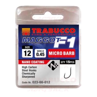 Trabucco F1 Maggot mikro szakállas horog 15 db